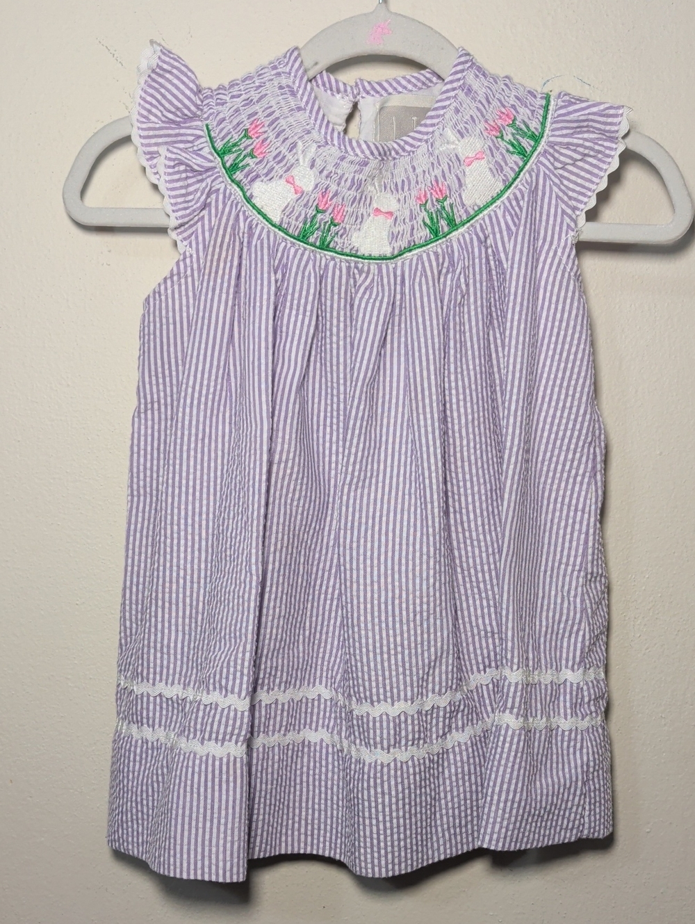 Lil Cactus Smocked Seersucker Bunny Dress Lavender White Stripes Girls 6-12M